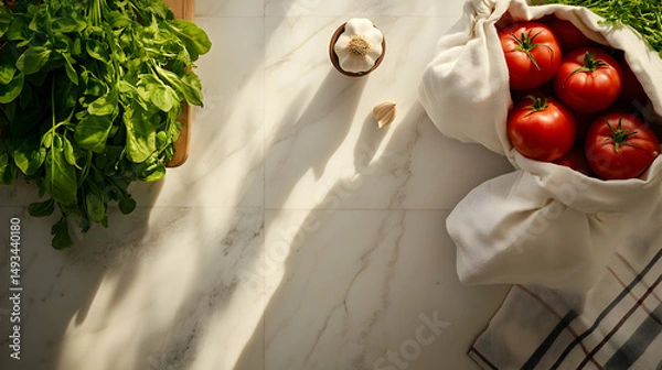 Obraz Fresh Vegetables and Herbs on Marble Countertop During Daylight