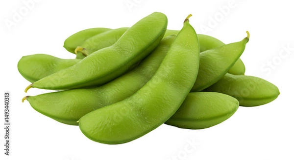 Fototapeta A close up of a pile of green edamame pods on a black background in a studio setting view