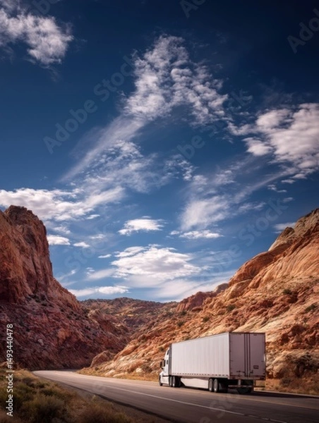 Fototapeta Semi Truck Transporting Cargo on Highway Through Red Rock Canyon Landscape Under Blue Sky with Clouds Scenic View