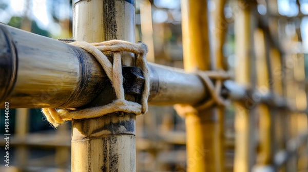 Obraz Detailed Close-Up of Bamboo Construction with Natural Textures and Ties