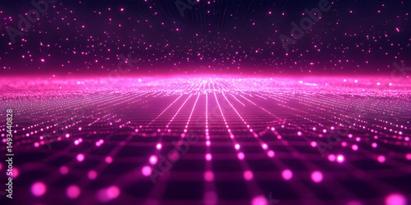 Obraz Vibrant Digital Landscape with Glowing Pink Lights and Grid Pattern