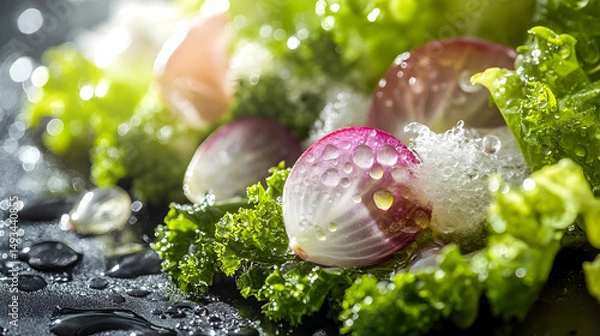Obraz Fresh Green Lettuce and Radishes with Water Droplets on Dark Surface