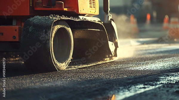 Obraz Close-up of Road Construction Equipment in Action, Asphalt Paving