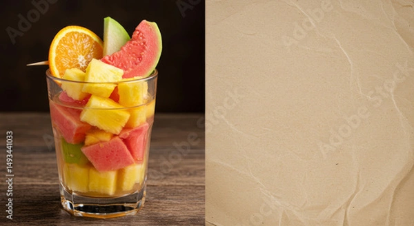 Obraz Healthy exotic fruit mix with colorful straws in glass. Neutral background with copy space, perfect for ad layouts.