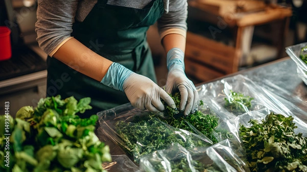 Obraz Fresh Herb Harvesting and Packaging in a Culinary Environment