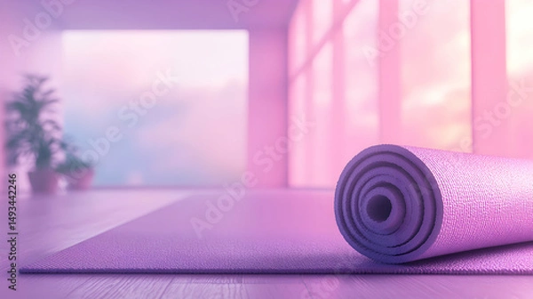 Obraz Serene Yoga Studio Interior with Rolled Purple Mat and Soft Light