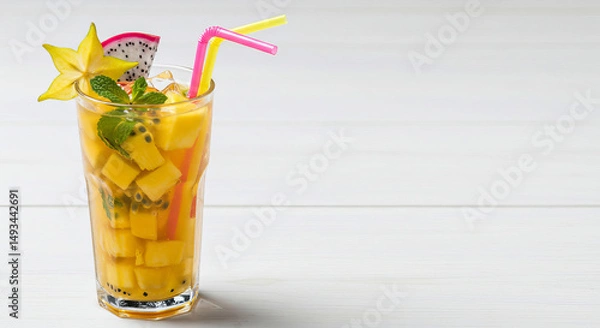 Obraz Healthy exotic fruit mix with colorful straws in glass. Neutral background with copy space, perfect for ad layouts.