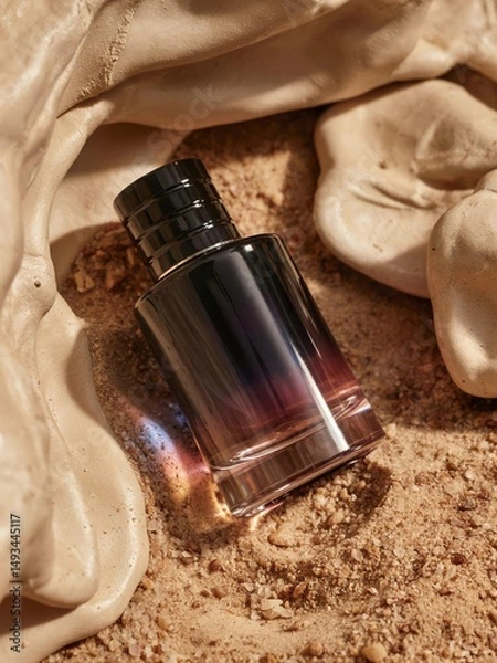 Obraz perfume mockup design with reddish black gradient bottle on white sand background