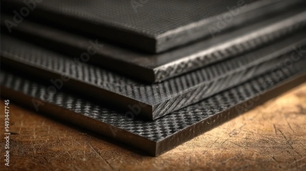 Obraz Carbon fiber sheets stacked on work table showcasing laser etching details
