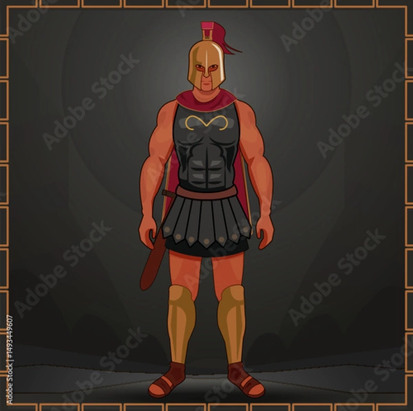 Fototapeta Stylized vector image of an armed Spartan warrior in armor. Simple flat graphics, the character is a man with a sword

