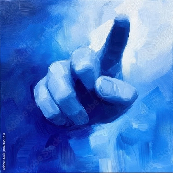 Obraz A close-up of a painted hand pointing upwards, set against a blue abstract background, This image can represent communication, authority, or a call to action, making it suitable for various themes,