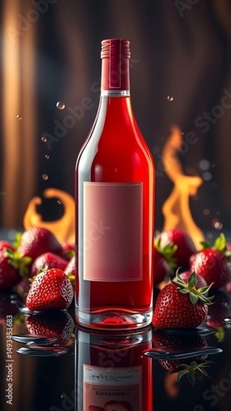 Obraz mockup design of alcohol bottle with strawberry fruit on the side