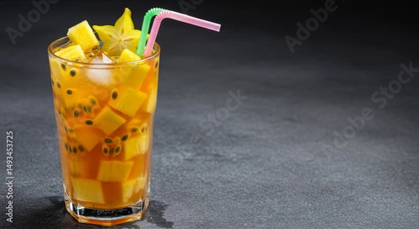 Obraz Colorful tropical fruit cocktail in glass with exotic fruits. Neutral background with copy space for design use.