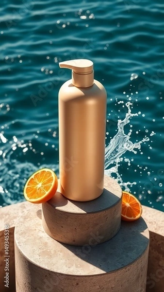 Obraz shampoo bottle mockup design with beach background and oranges
