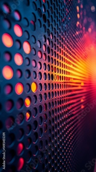 Fototapeta Metal sheet with circular holes, illuminated with warm and cool light, creating a dynamic perspective