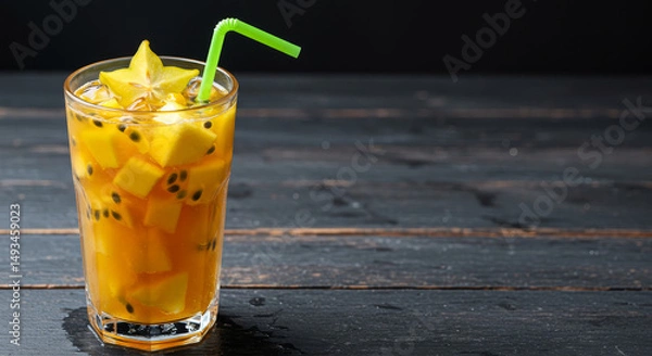Obraz Colorful tropical fruit cocktail in glass with exotic fruits. Neutral background with copy space for design use.