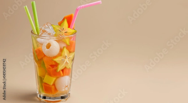 Obraz Colorful tropical fruit cocktail in glass with exotic fruits. Neutral background with copy space for design use.