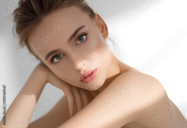Fototapeta An ethereal close-up of a young woman, white background, skin care concept
