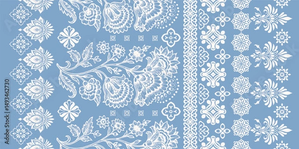 Fototapeta floral pattern vintage ethnic modern embroidery texture boho design vector illustration hand drawn pink flower motif branches leaves wallpaper seamless background border.

