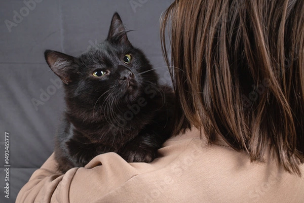 Fototapeta Black cat peeks out from behind a woman's shoulder.