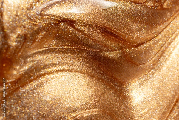 Fototapeta Glowing golden shimmering cosmetic texture of gel or body spray. Background texture for backdrops or mapping.