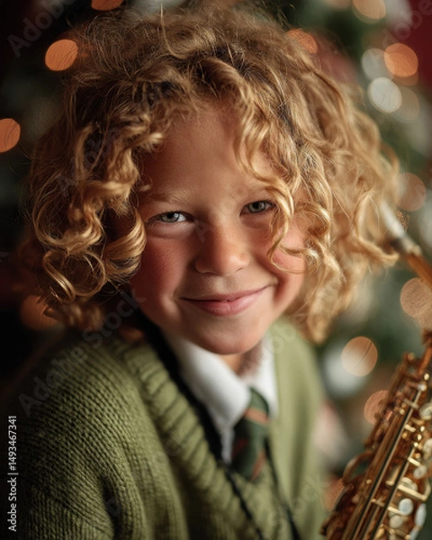 Obraz Porträt eines blonden Jungen mit Locken und Saxophon vor unscharfem Hintergrund,
Portrait of a Blonde Curly-Haired Boy with a Saxophone in Front of a Blurred Background