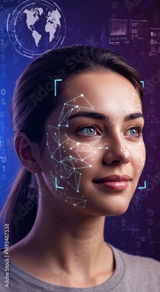 Obraz AI Facial Recognition: Decoding the Future of Biometrics & Cybersecurity. Woman, Technology, Data, Privacy, Futuristic Vision