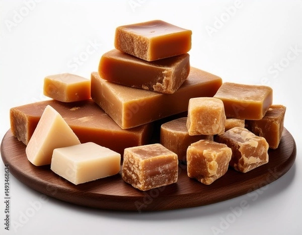 Fototapeta assorted jaggery pieces in different shapes and sizes displayed on an isolated white background ideal for showcasing traditional sweeteners in promotional content