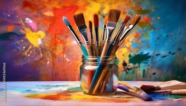Fototapeta a vibrant still life featuring a jar filled with paintbrushes on a colorful splattered table perfect for illustrating creativity art supplies or an artist s workspace