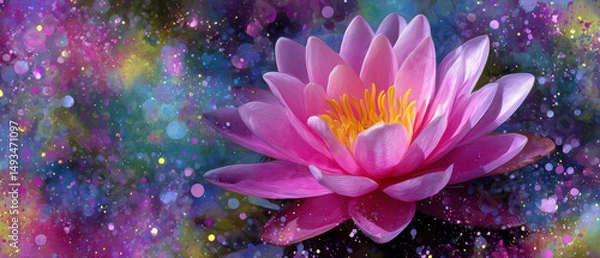 Fototapeta Pink lotus floating over cosmic watercolor background, creating serene atmosphere
