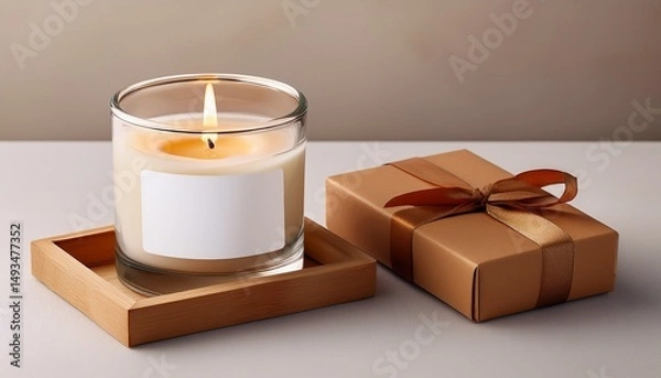 Obraz a candle in a glass holder with blank mockup label and gift box
