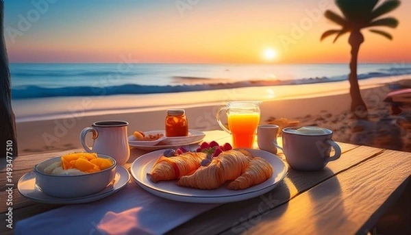 Obraz breakfast at dawn on sea beach blurred background ai generative