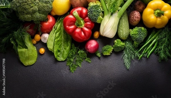 Obraz fresh vegetables and leafy greens on dark surface