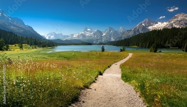 Obraz field path towards mountain lake view