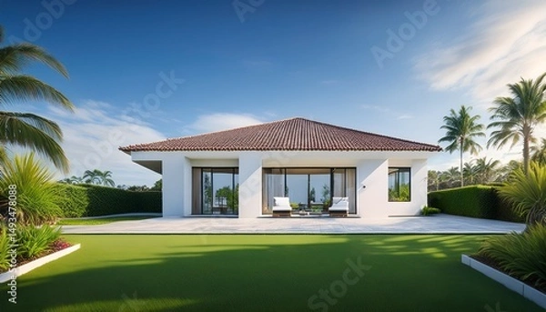 Obraz a white modern house with a tiled roof sits amidst a well kept lawn and tropical plants concept of luxury real estate tropical elegance and residential comfort