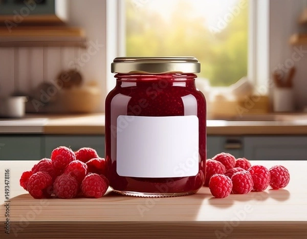 Obraz raspberry jam in a jar with white blank mock up label on a wooden table against a kitchen background