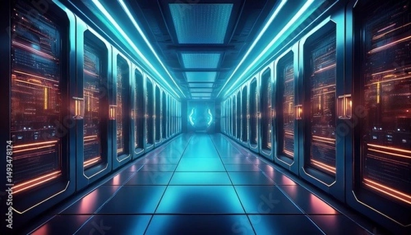 Obraz futuristic sap data center corridor cyberpunk aesthetics