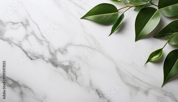 Obraz elegant white marble background with green leaves for minimalist design and fresh aesthetic