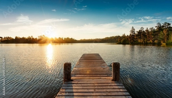 Obraz serene lakeside retreat with weathered wooden dock and tranquil rippling waters at golden hour