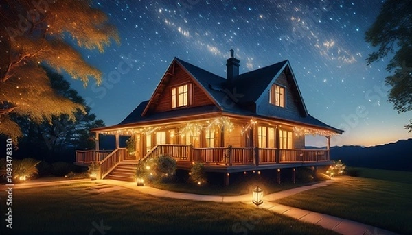 Obraz a bungalow lit up at night with glowing fairy lights on the porch and a starry sky above