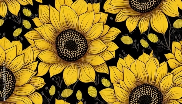 Obraz floral seamless pattern with yellow sunflowers on black background image for textile wallpaper and fashion prints