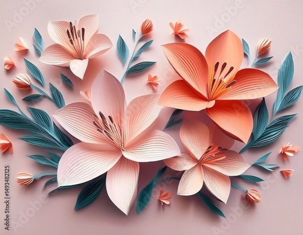 Obraz 3d paper cut lily flower branches on pastel background