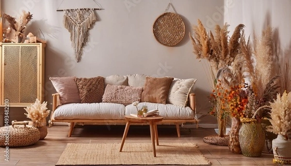 Obraz bohemian living room interior design with dried flowers