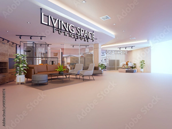 Fototapeta Sofas and chairs in living space. 3d rendering of furniture store.