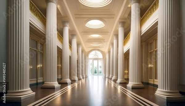 Fototapeta elegant columned hallway luxurious venue interior design bright atmosphere wide angle view opulent style