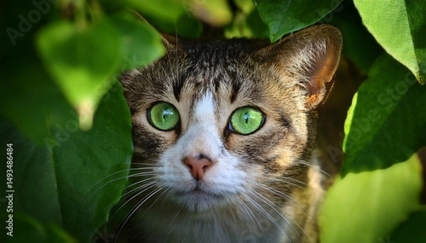 Fototapeta a close up of a cat with striking green eyes partially obscured by green foliage showcasing its natural beauty and alert expression