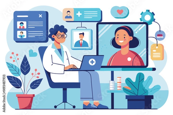 Fototapeta Vector illustration of a healthcare professional using a computer to engage with patients through digital platforms in a modern office setting