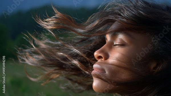 Fototapeta close-up of long black female hair blowing in the wind