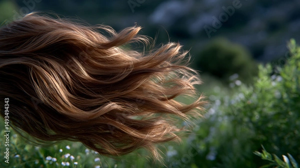 Fototapeta close-up of long black female hair blowing in the wind