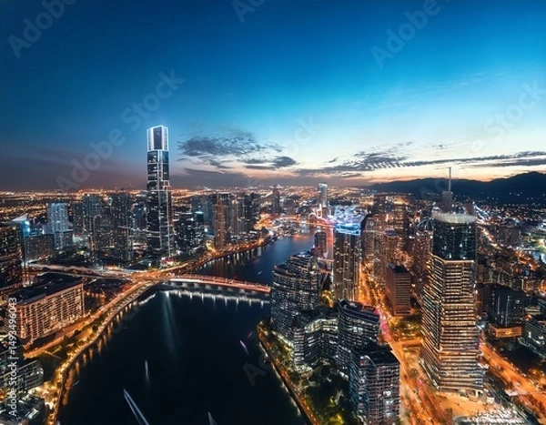 Obraz a breathtaking aerial view of a city s illuminated skyline and river showcasing modern architecture and bustling streets at night
